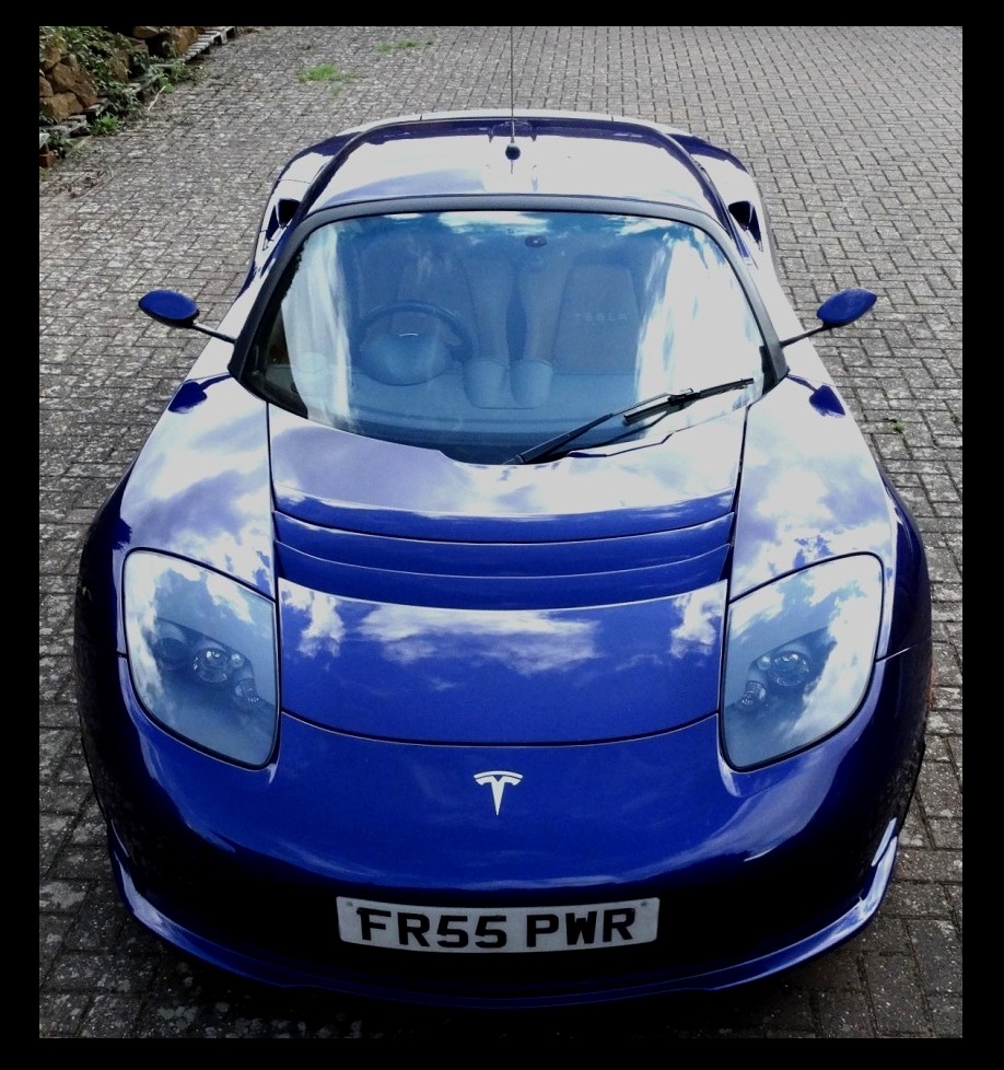 001  Blue purple Tesla Roadster with 300 mile range experiment blue mirrors.jpg