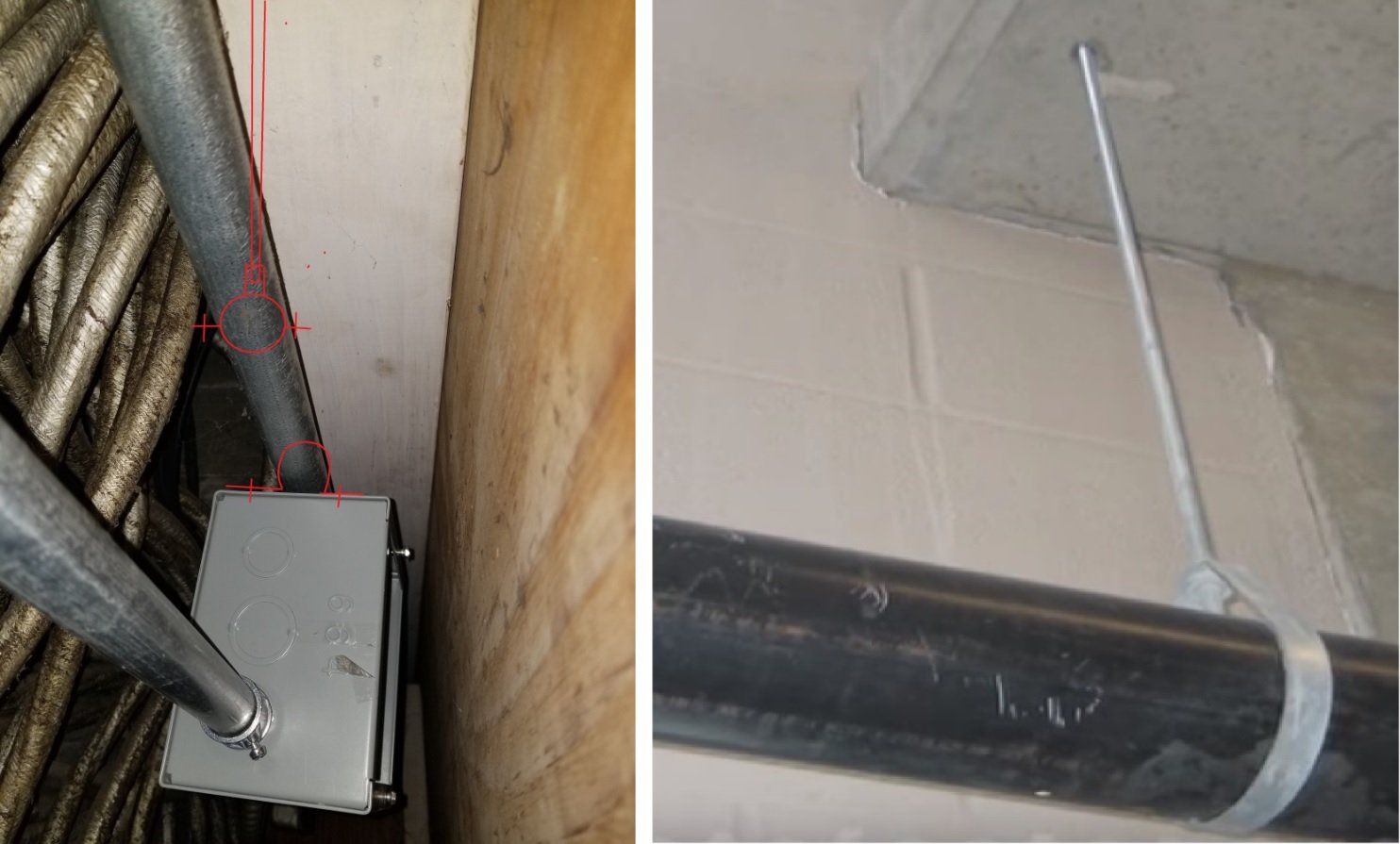 10 Box attached to 1 inch EMT and use of Threaded Rodes to ceiling.jpg
