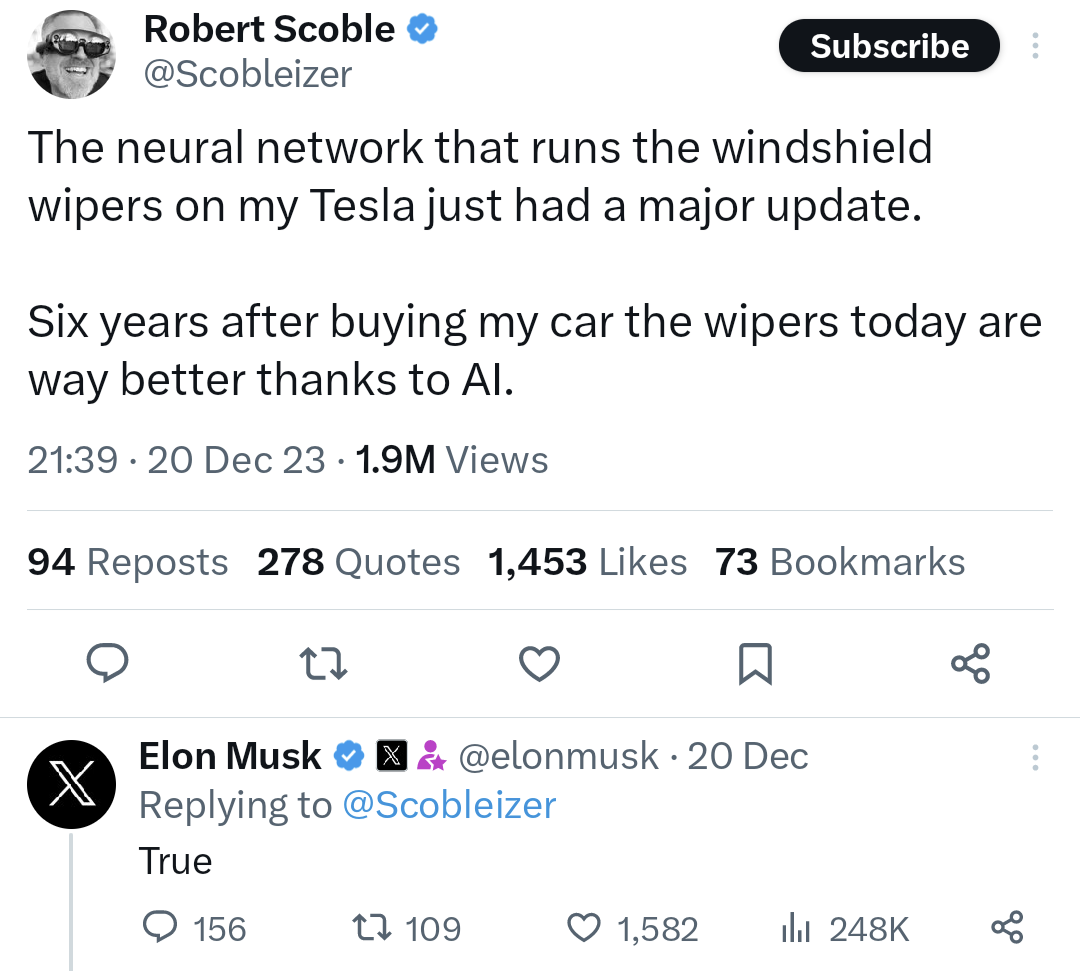 Elon Musk agreeing that NN update has made wipers better