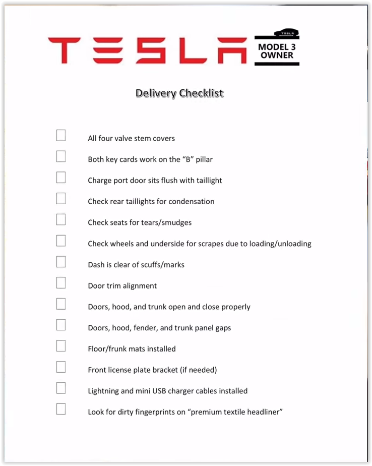 Model 3 Delivery Checklist Tesla Motors Club