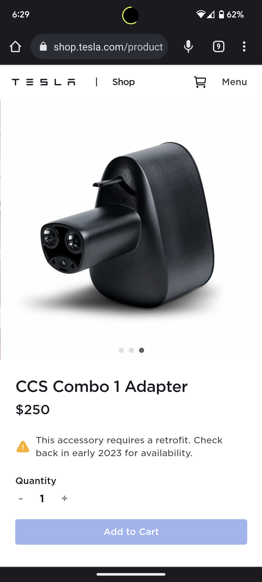 CCS1 Combo Adapter on Tesla USA Website