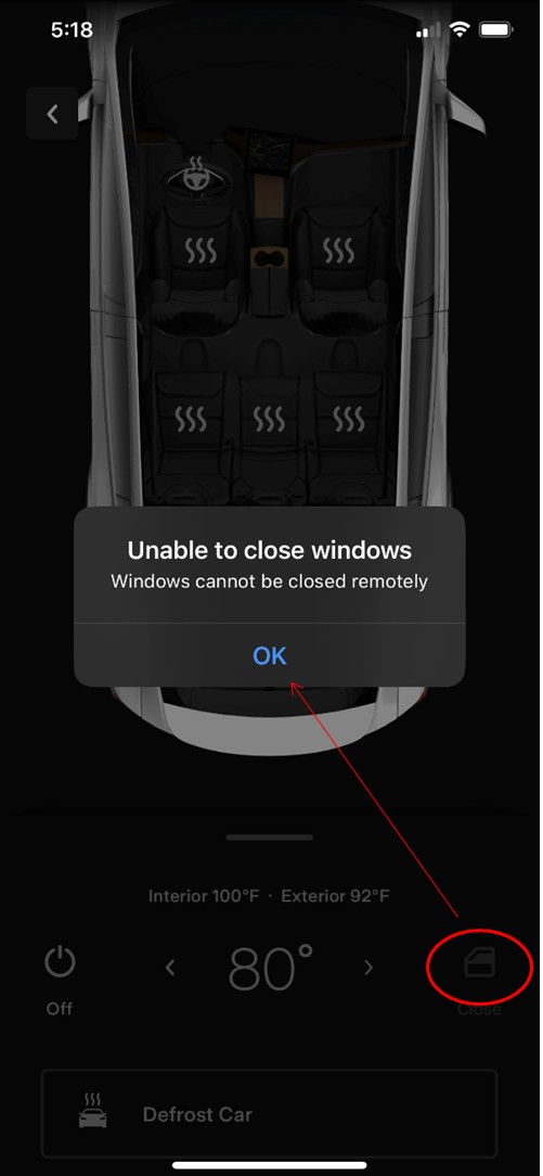 Unable to Close Windows Remotely - iPhone Tesla App Screenshot