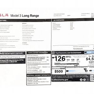 Tesla Model 3 Long Range 2017 Window Sticker