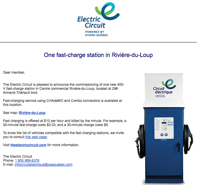 Rivière-du-Loup CHAdeMO station announced
