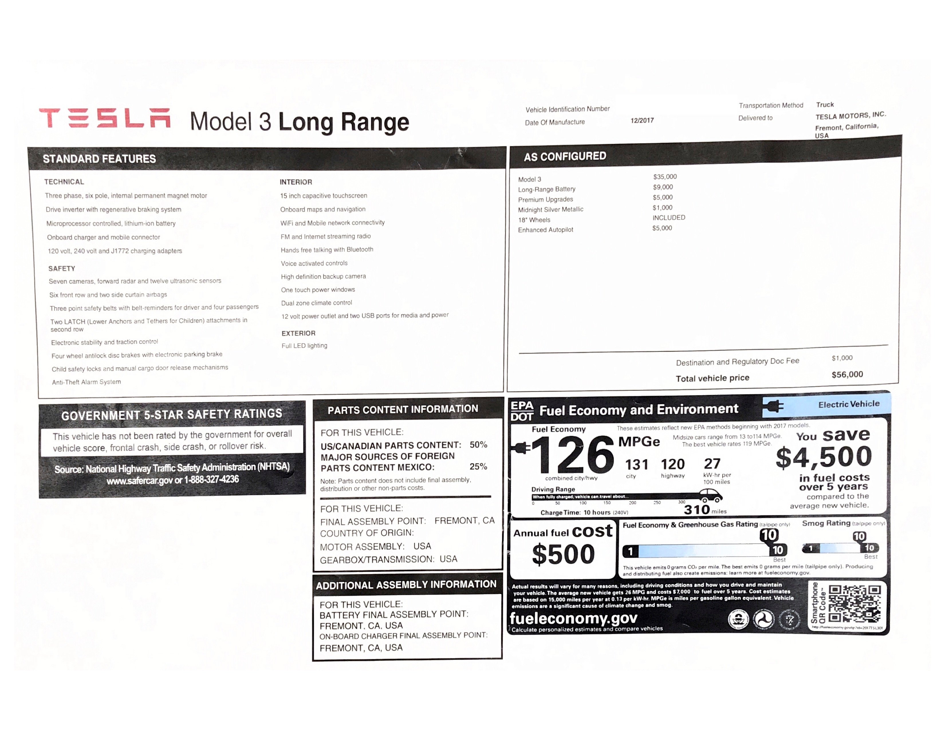 Tesla Model 3 Long Range 2017 Window Sticker